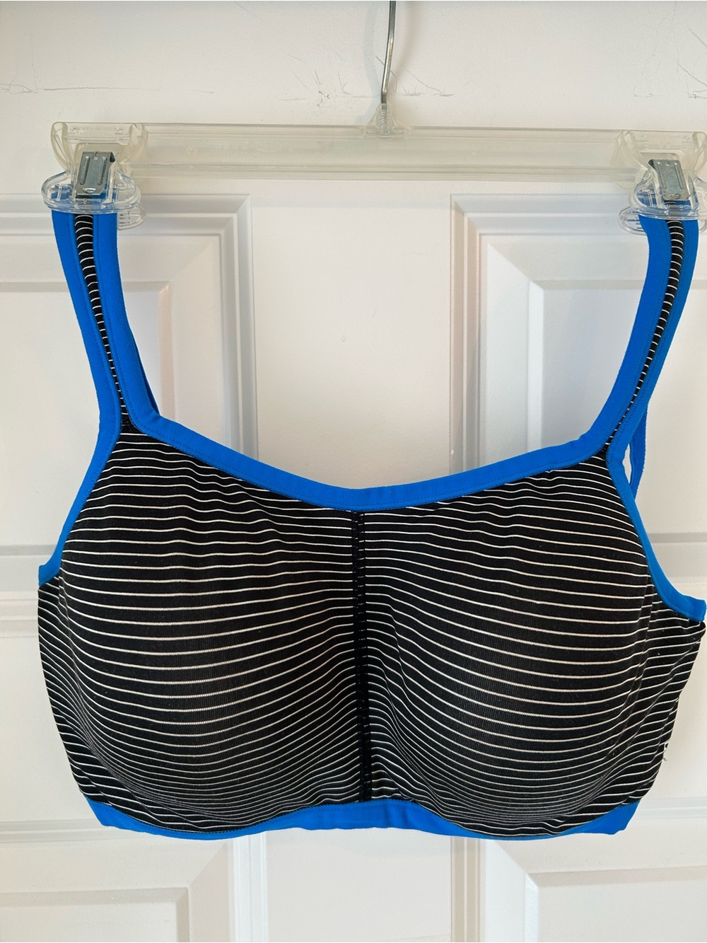 Natori Black & White Striped Bra 34D with Solid Blue Straps
